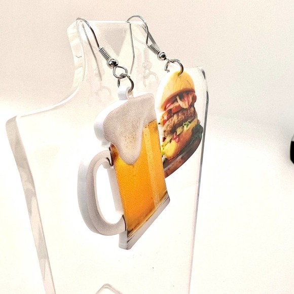 Burger & Beer Earrings - Mismatch Earrings - Pub Earrings - Party Earrings - Picture 2 of 8